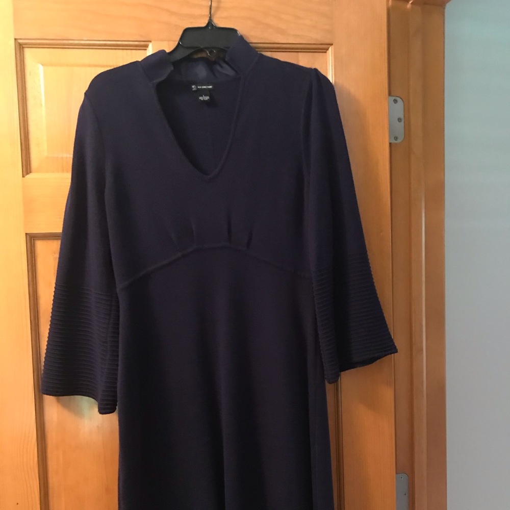 Navy Blue sweater dress with bell sleeve.